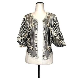 Simply Couture Cardigan Black Mesh Gold Sequined Flutter Sleeves‎ Open Front S
